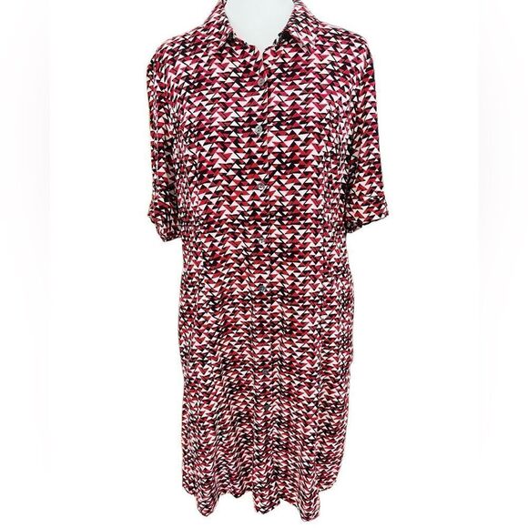 J Jill black, cream, red geometric pattern tab sleeve button front dress sz 4. - Picture 1 of 8